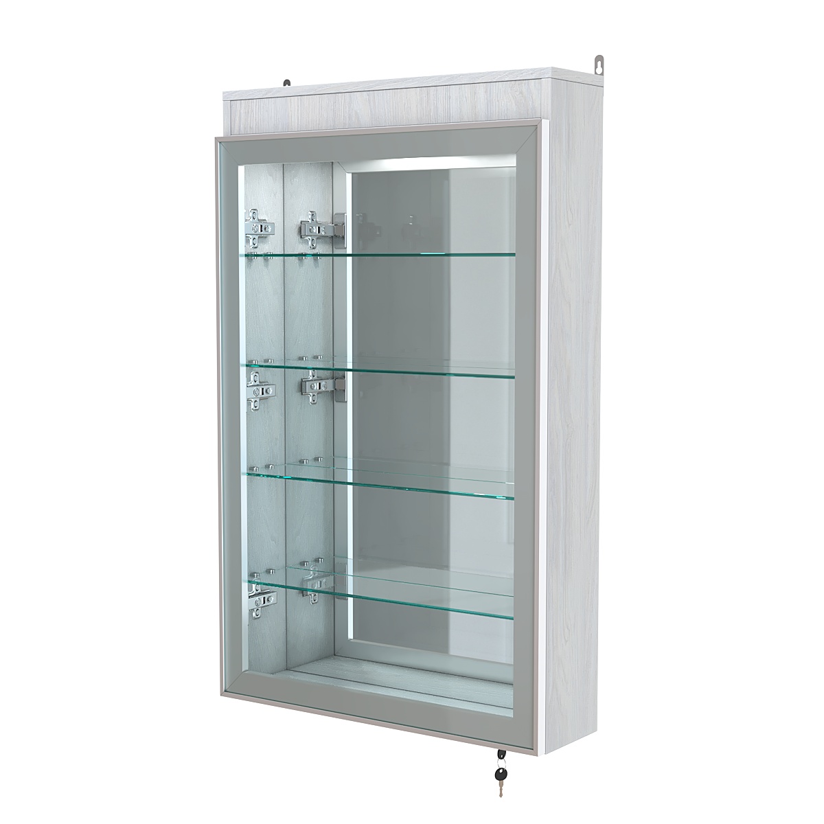 Витрина настенная №2-4А зеркальная с четырьмя полками и подсветкой серии Collecto Ясень Анкор светлый