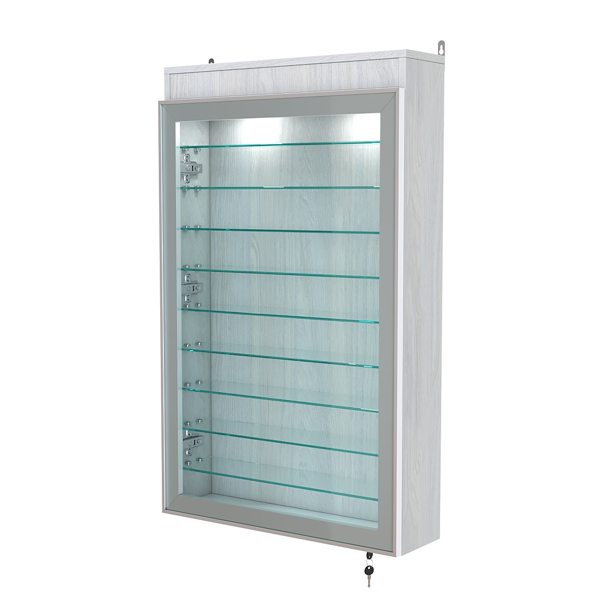 Витрина настенная №2-7А высокая с девятью полками и подсветкой серии Collecto Ясень Анкор светлый