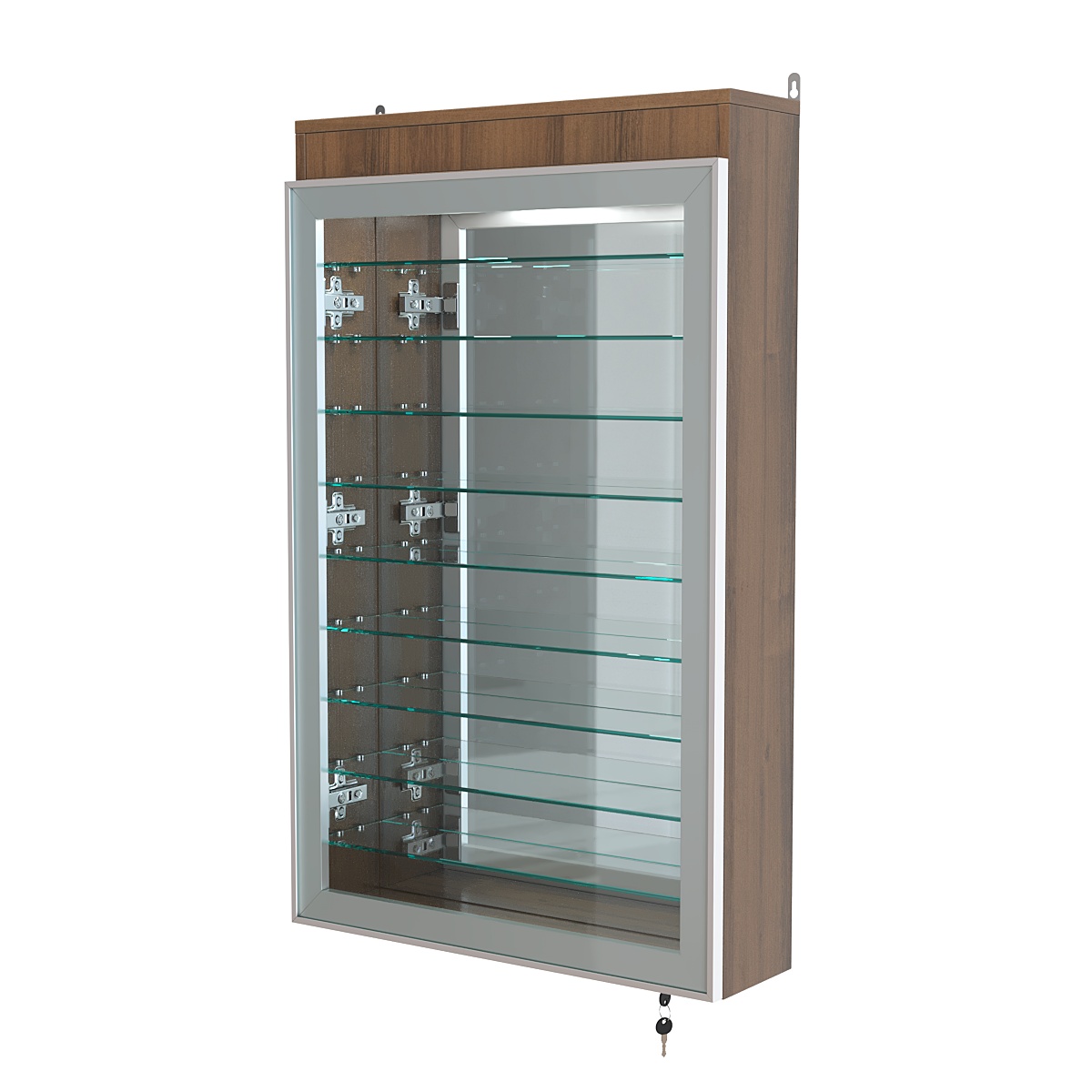 Витрина настенная №2-8А высокая с девятью полками, зеркалом и подсветкой серии Collecto Орех