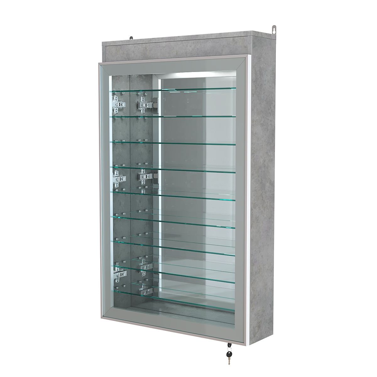 Витрина настенная №2-8А высокая с девятью полками, зеркалом и подсветкой серии Collecto Бетон Чикаго светло-серый F186 ST9