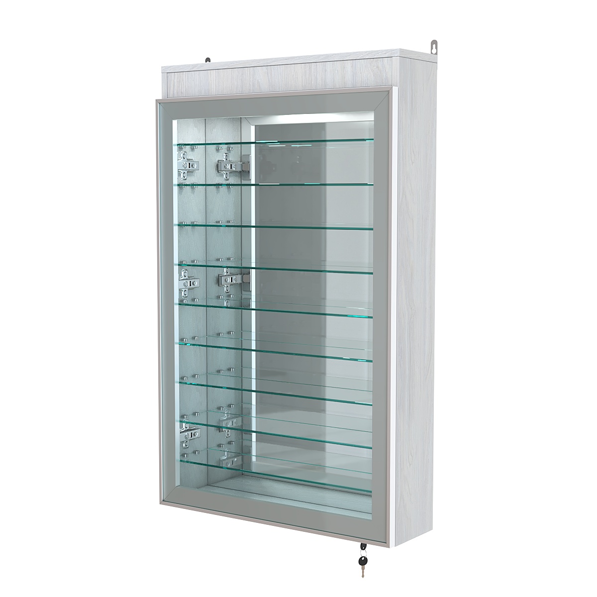 Витрина настенная №2-8А высокая с девятью полками, зеркалом и подсветкой серии Collecto Ясень Анкор светлый