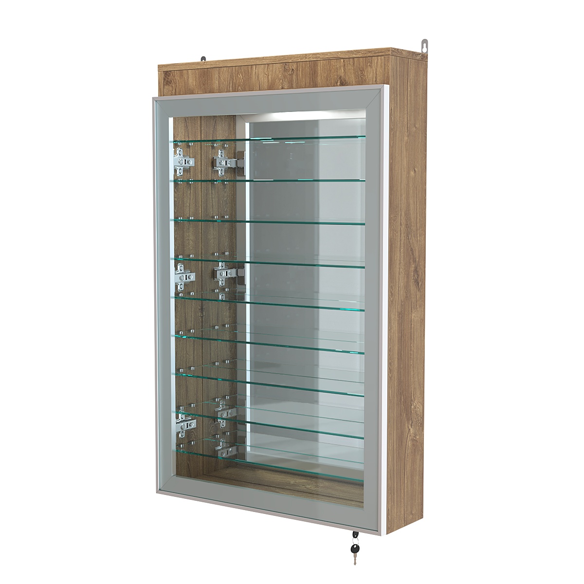 Витрина настенная №2-8А высокая с девятью полками, зеркалом и подсветкой серии Collecto Дуб Канзас коричневый