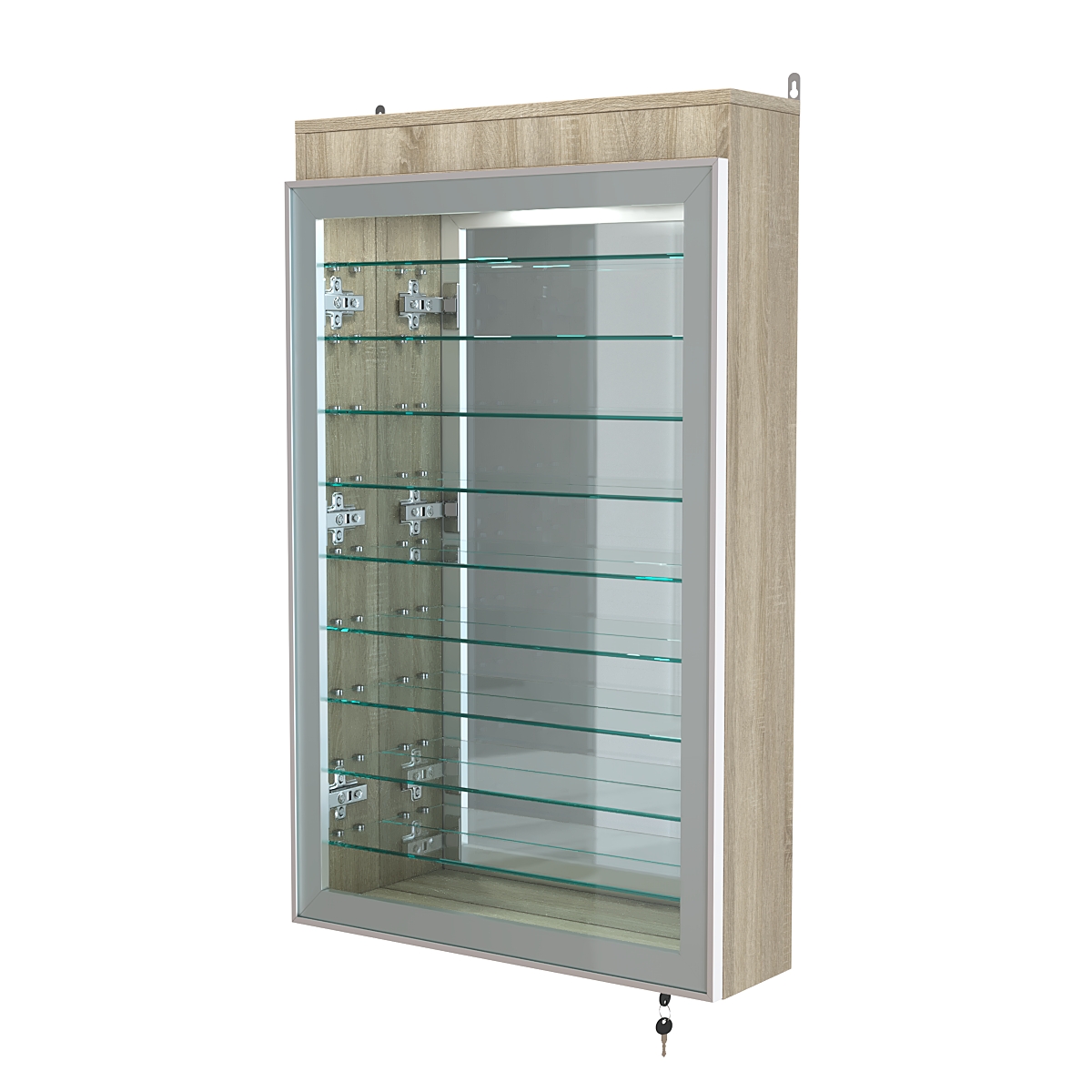 Витрина настенная №2-8А высокая с девятью полками, зеркалом и подсветкой серии Collecto Дуб Сонома