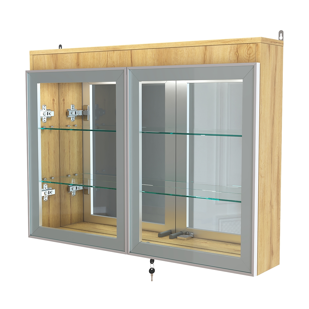 Витрина настенная №3-4А зеркальная с двумя широкими полками и фризом серии Collecto Дуб Золотистый