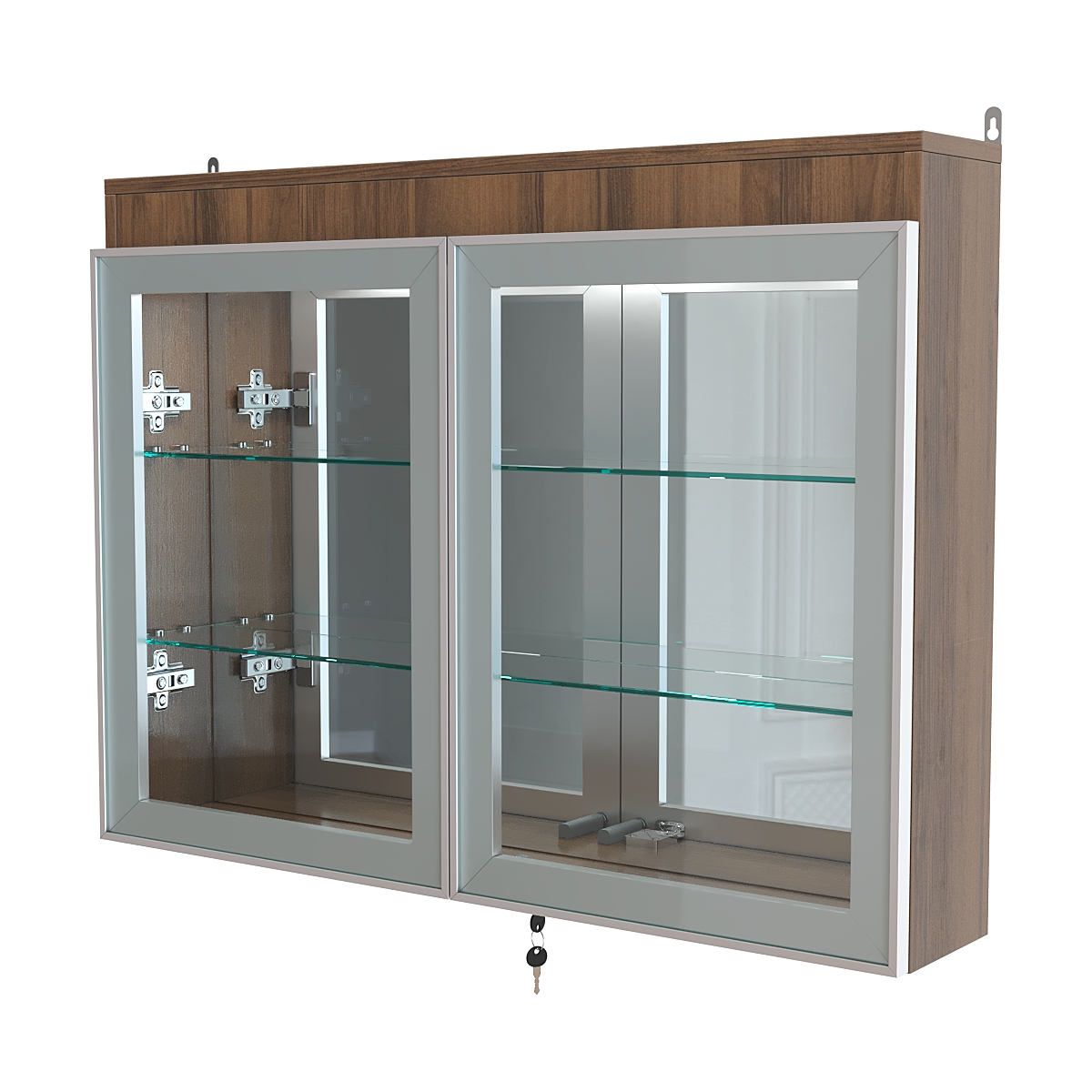 Витрина настенная №3-4А зеркальная с двумя широкими полками и фризом серии Collecto Орех