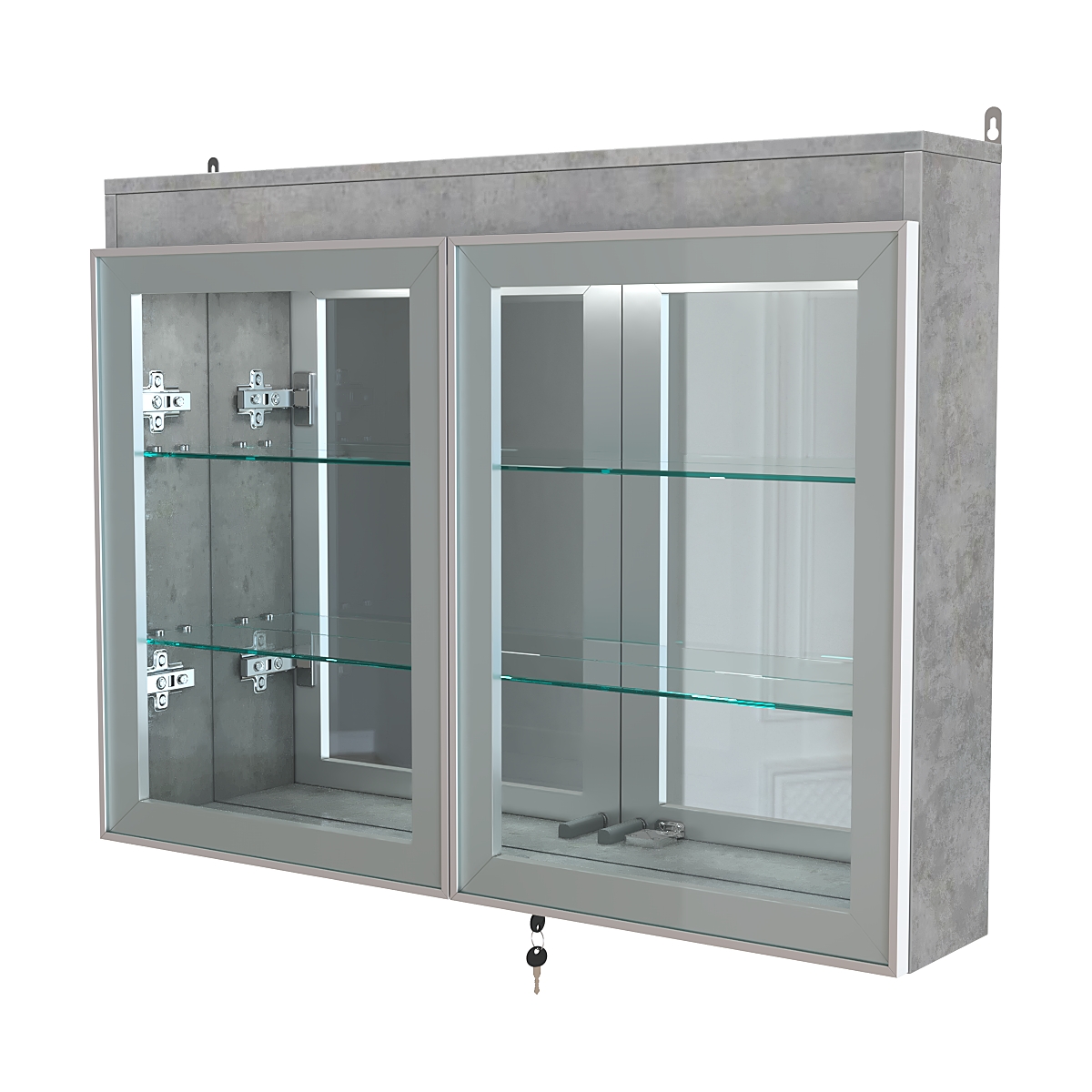 Витрина настенная №3-4А зеркальная с двумя широкими полками и фризом серии Collecto Бетон Чикаго светло-серый F186 ST9