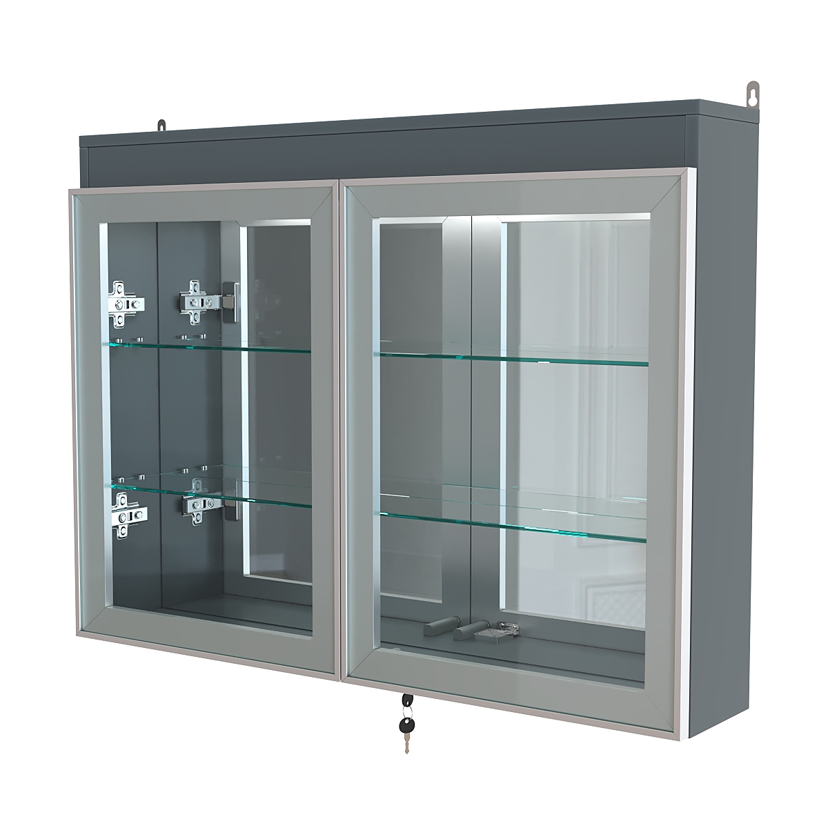 Витрина настенная №3-4А зеркальная с двумя широкими полками и фризом серии Collecto Темно-Серый