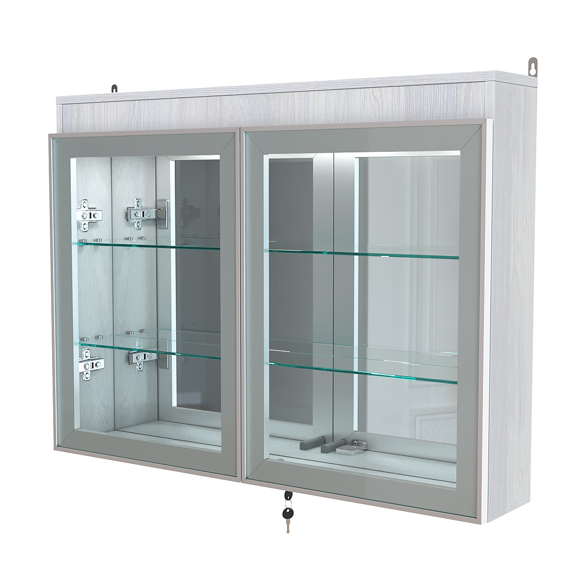 Витрина настенная №3-4А зеркальная с двумя широкими полками и фризом серии Collecto Ясень Анкор светлый