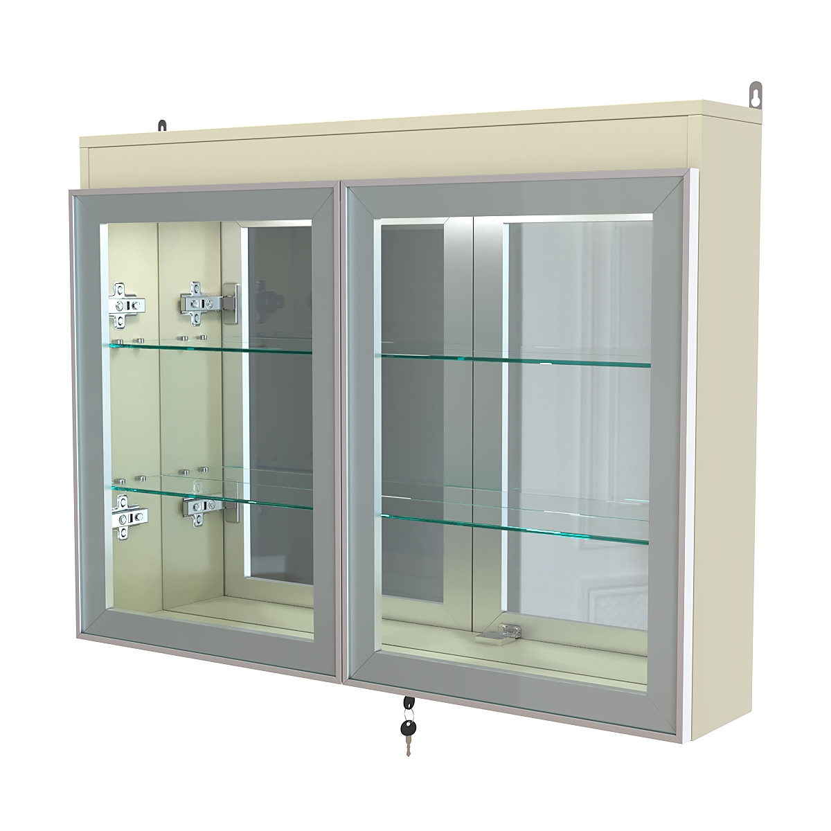 Витрина настенная №3-4А зеркальная с двумя широкими полками и фризом серии Collecto Крем Вайс