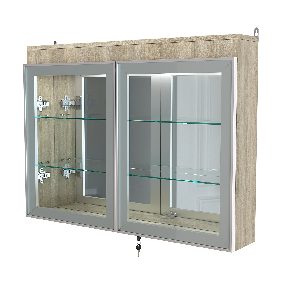 Витрина настенная №3-4А зеркальная с двумя широкими полками и фризом серии Collecto Дуб Сонома