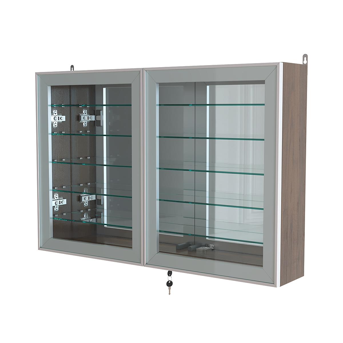 Витрина настенная №3-6А широкая зеркальная с пятью стеклянными полками серии Collecto Орех