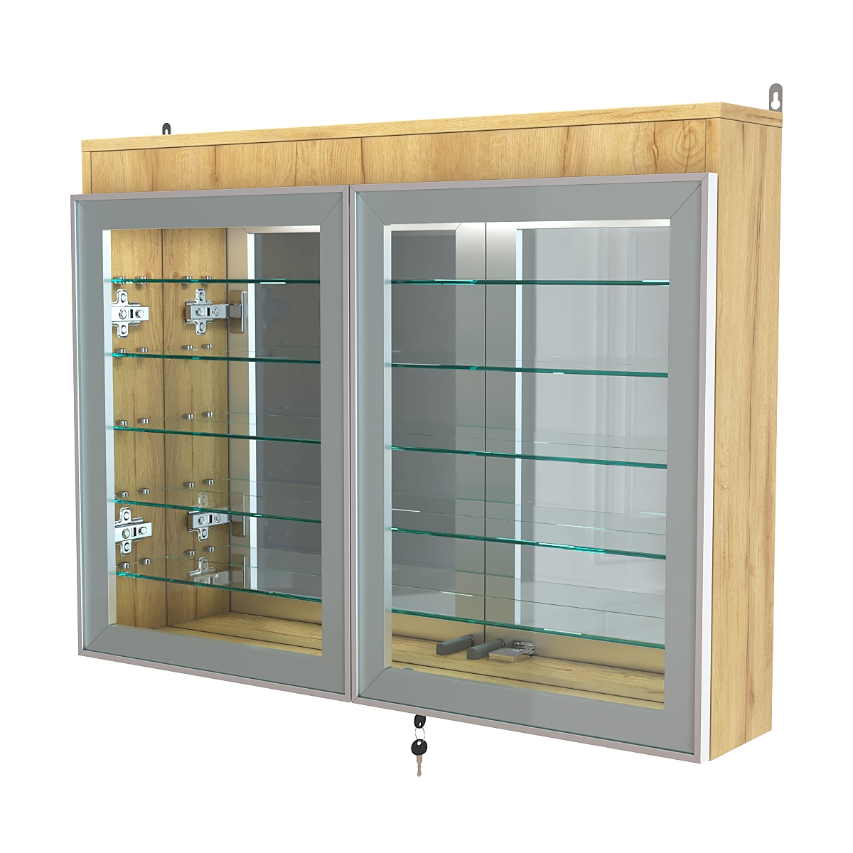 Витрина настенная №3-8А широкая с подсветкой, стеклянными полками и зеркалом серии Collecto Дуб Золотистый