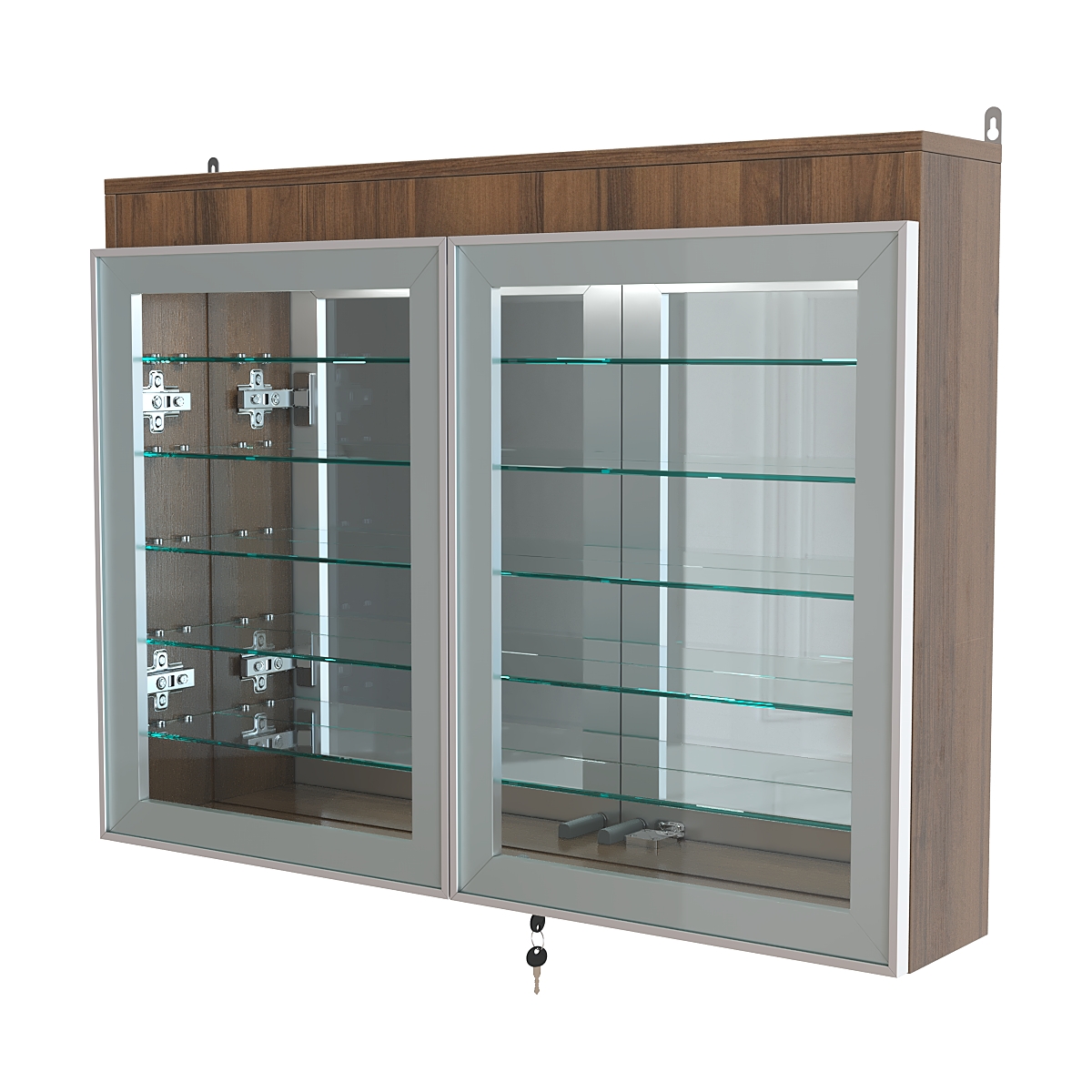 Витрина настенная №3-8А широкая с подсветкой, стеклянными полками и зеркалом серии Collecto Орех