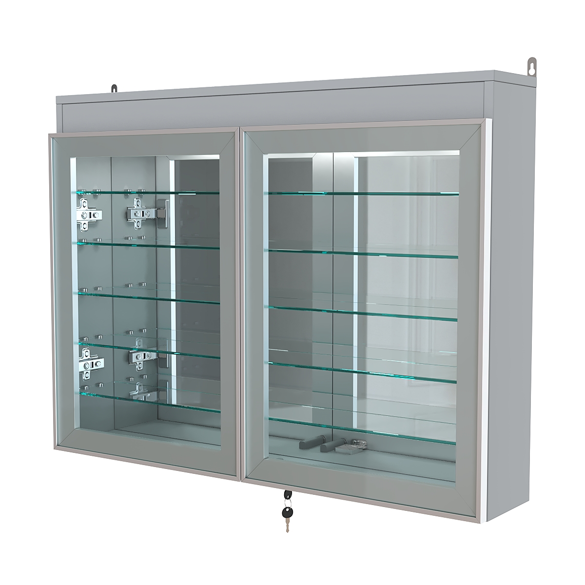 Витрина настенная №3-8А широкая с подсветкой, стеклянными полками и зеркалом серии Collecto Серый