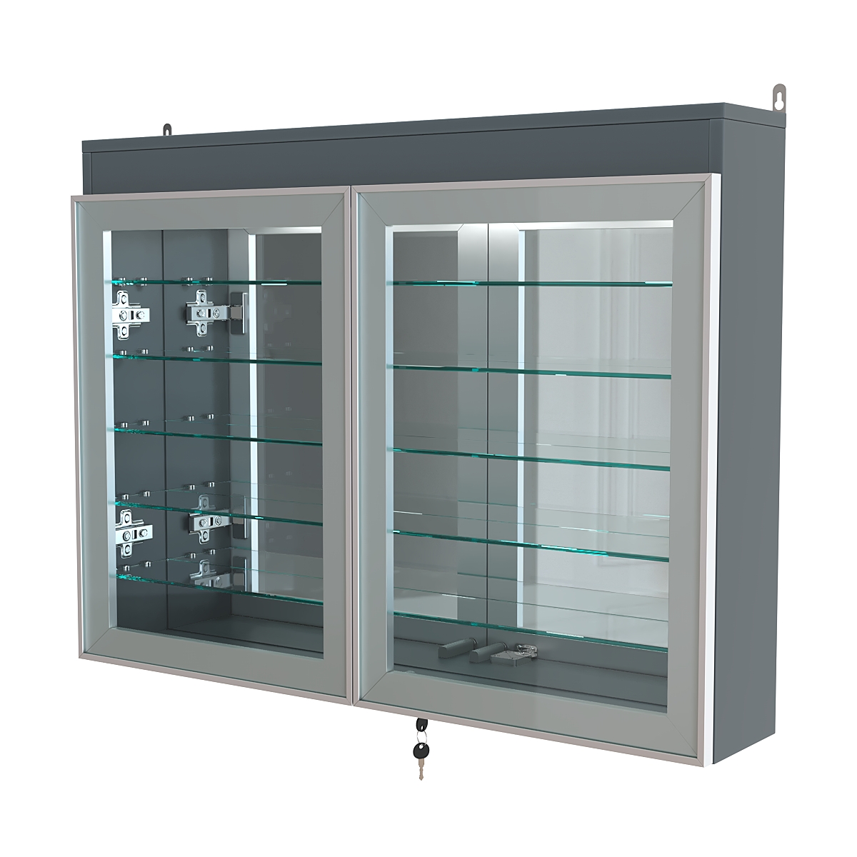 Витрина настенная №3-8А широкая с подсветкой, стеклянными полками и зеркалом серии Collecto Темно-Серый