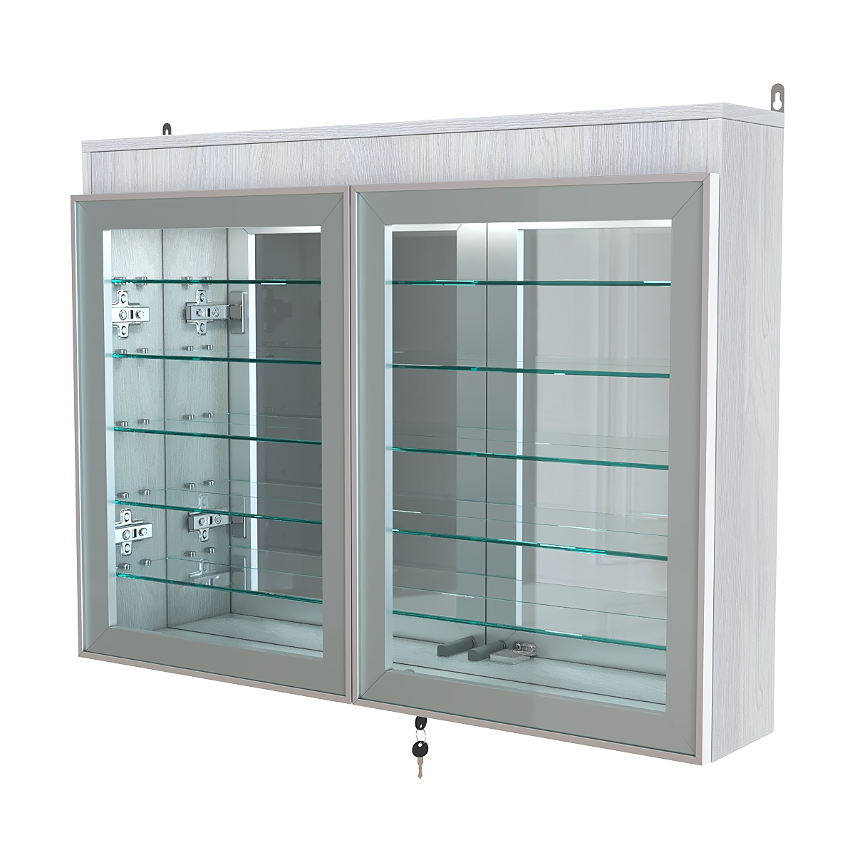 Витрина настенная №3-8А широкая с подсветкой, стеклянными полками и зеркалом серии Collecto Ясень Анкор светлый