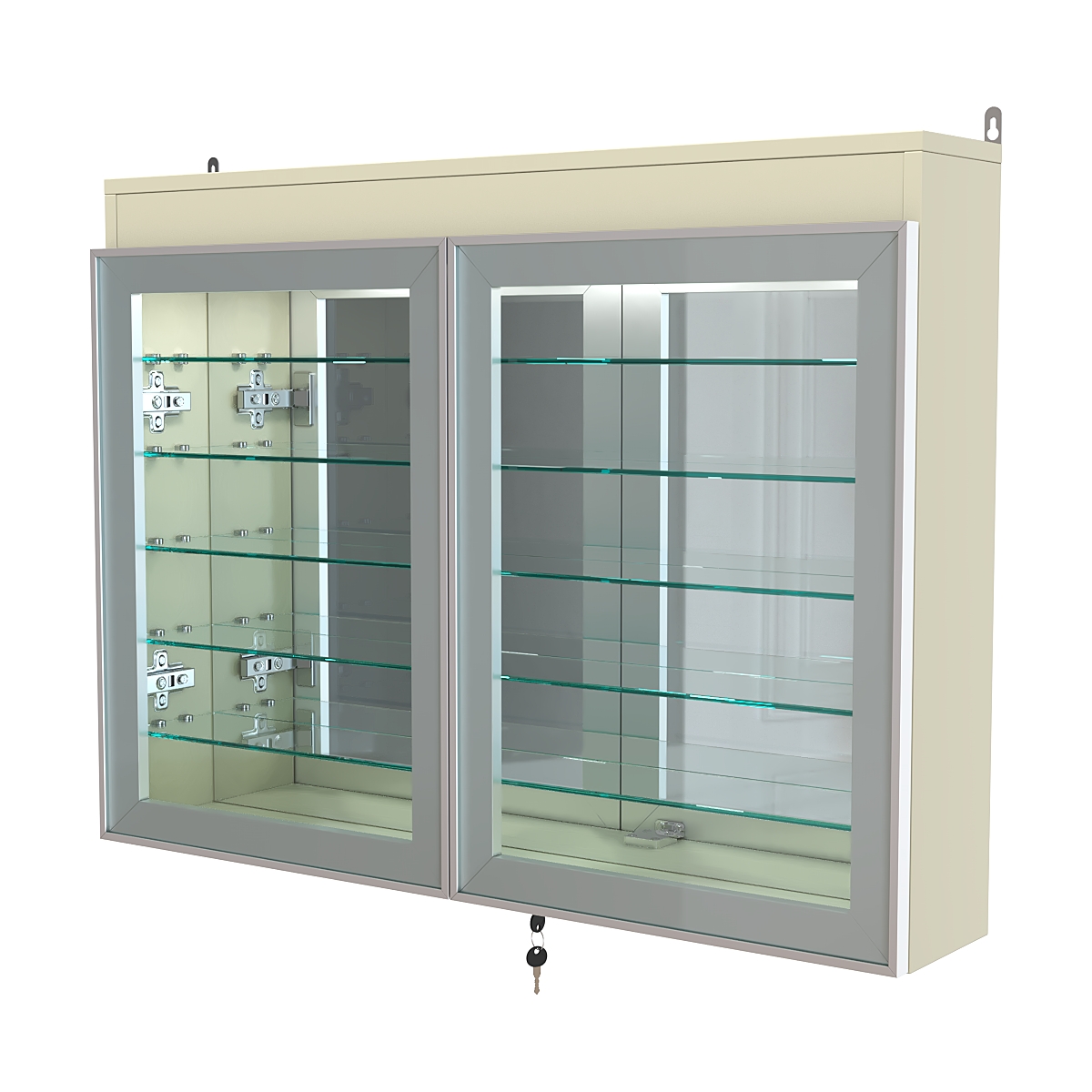 Витрина настенная №3-8А широкая с подсветкой, стеклянными полками и зеркалом серии Collecto Крем Вайс