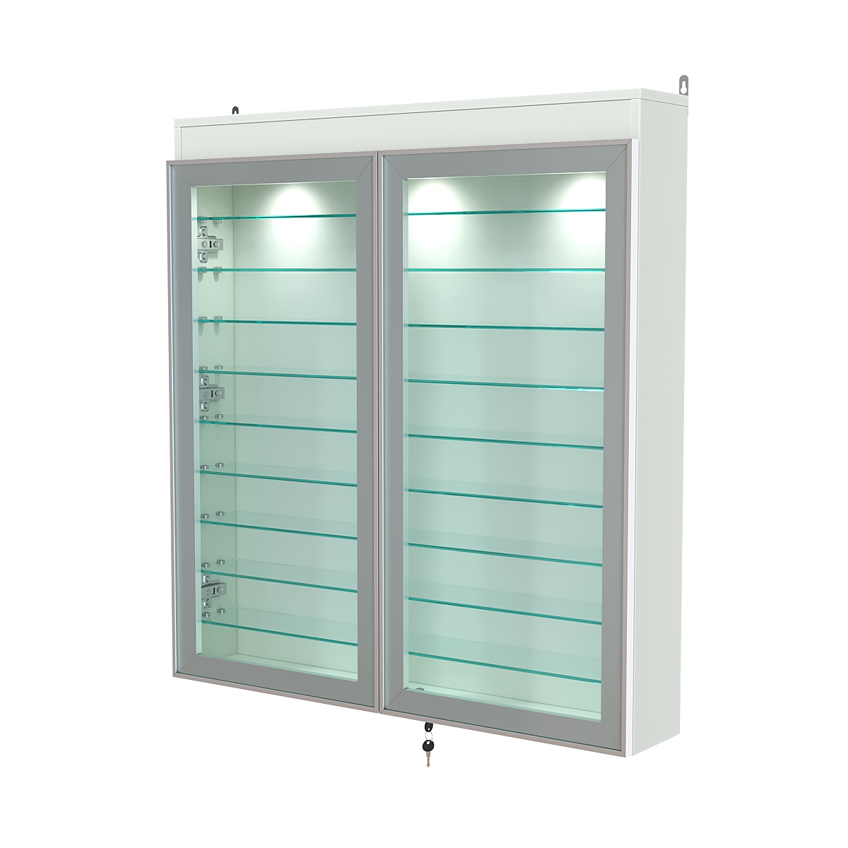 Витрина настенная №4-7А с фризом и девятью стеклянными полками серии Collecto Белый