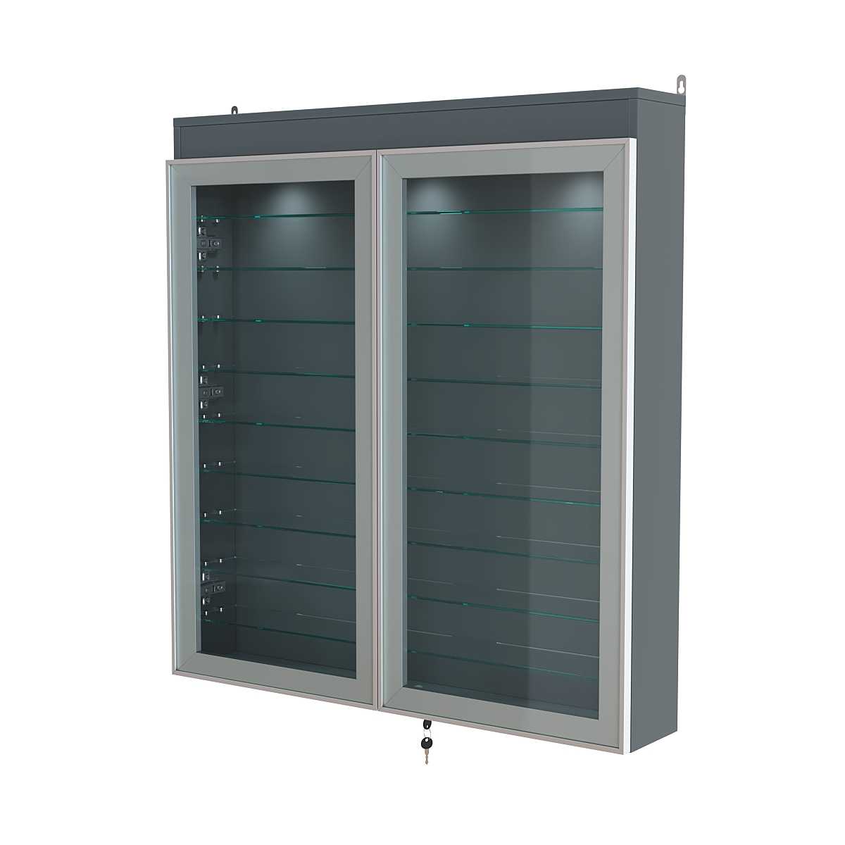 Витрина настенная №4-7А с фризом и девятью стеклянными полками серии Collecto Темно-Серый