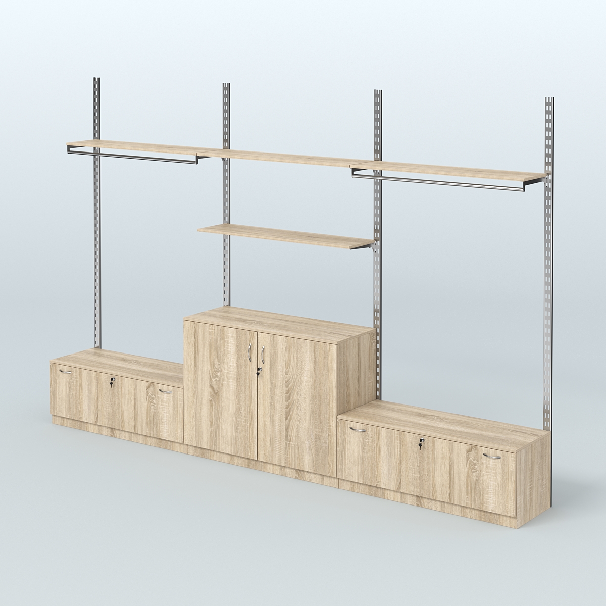 Система ГЛОБАЛ со сборными поручнями, полками из ДСП и тумбами Т11 и Т23 №1 (3600 мм) Дуб Сонома