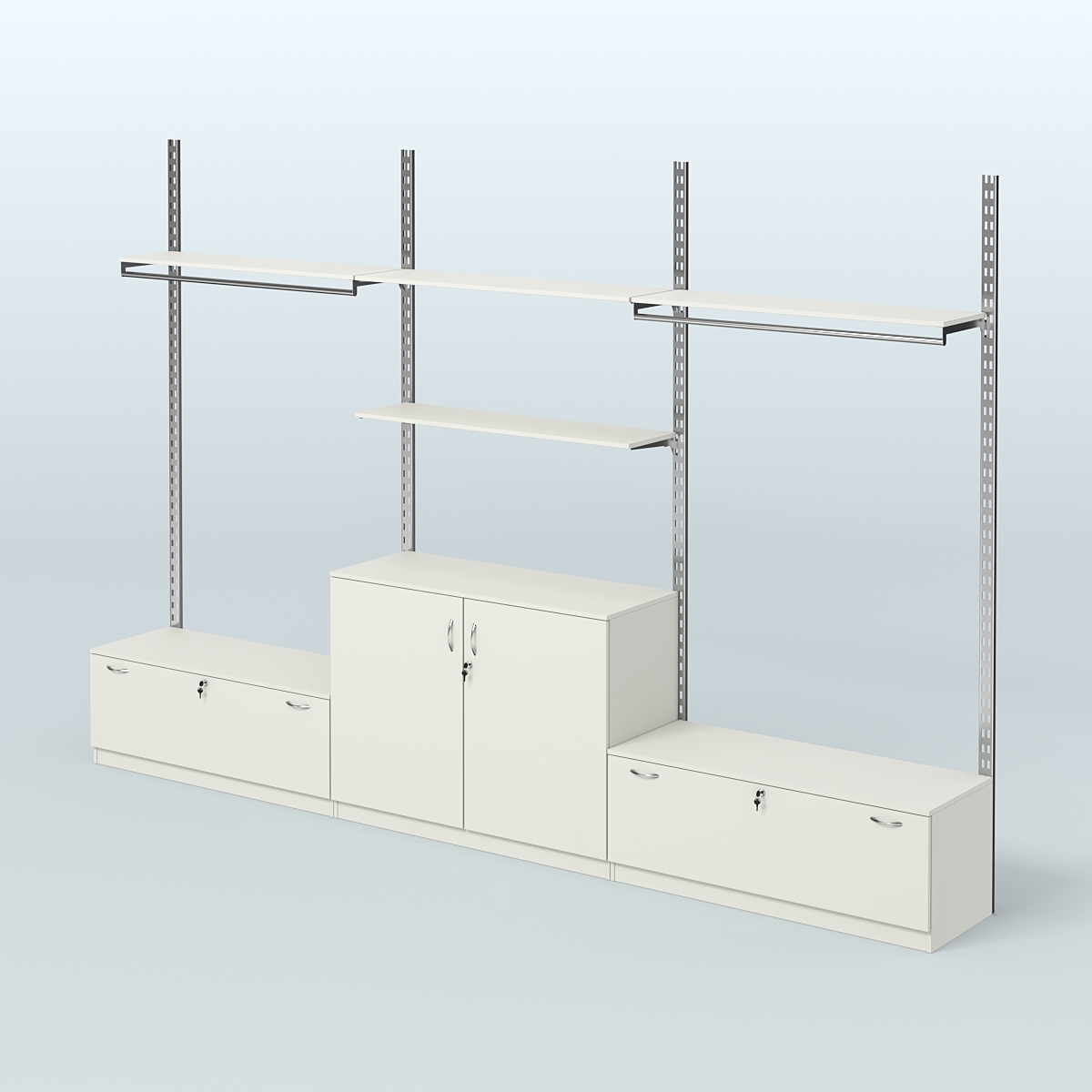 Система ГЛОБАЛ со сборными поручнями, полками из ДСП и тумбами Т11 и Т23 №1 (3600 мм) Белый