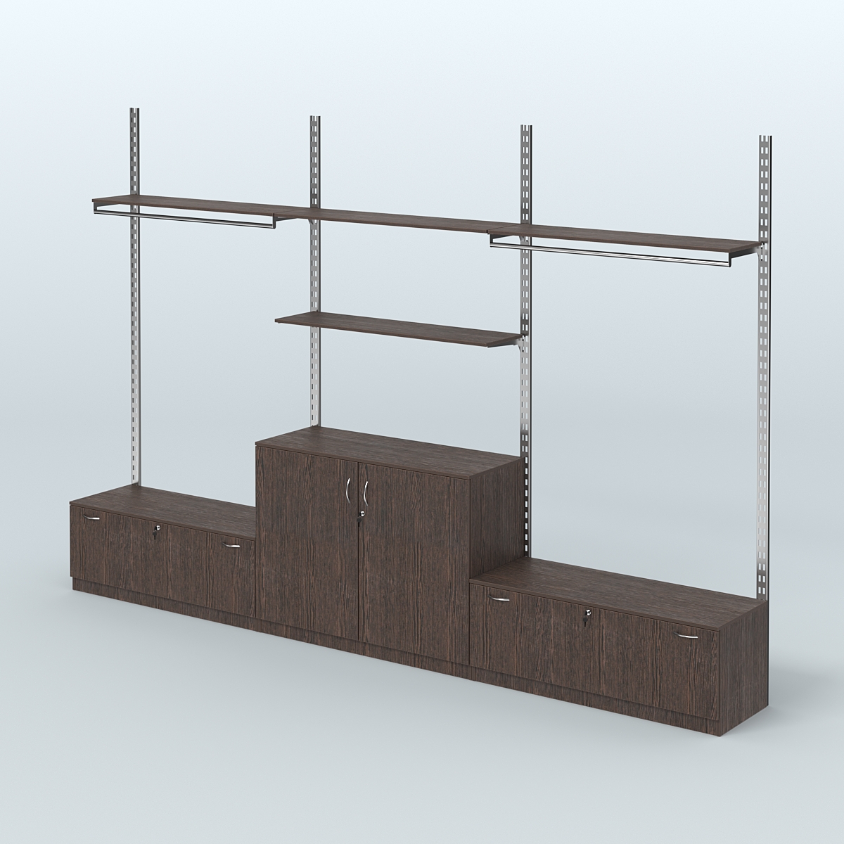 Система ГЛОБАЛ со сборными поручнями, полками из ДСП и тумбами Т11 и Т23 №1 (3600 мм) Дуб Венге