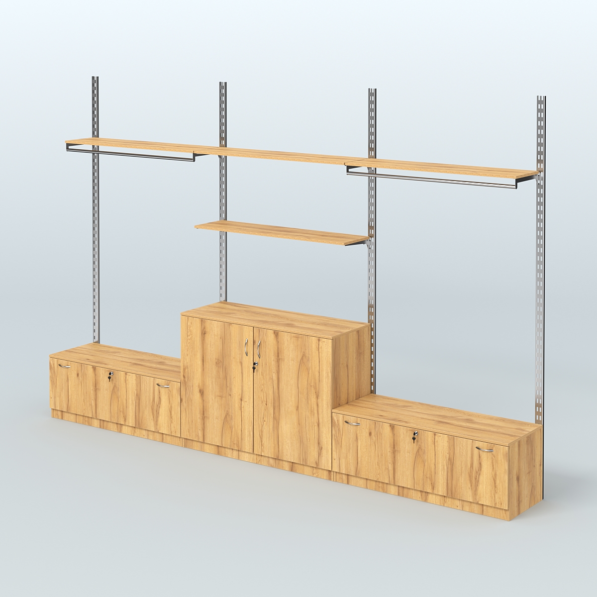 Система ГЛОБАЛ со сборными поручнями, полками из ДСП и тумбами Т11 и Т23 №1 (3600 мм) Дуб Золотистый