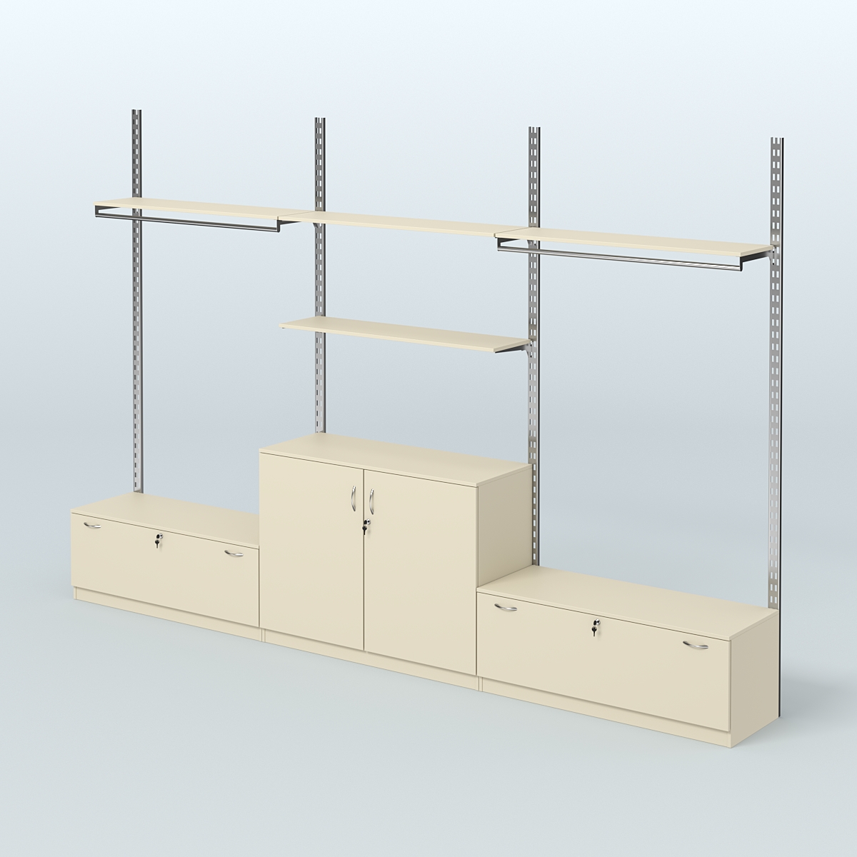 Система ГЛОБАЛ со сборными поручнями, полками из ДСП и тумбами Т11 и Т23 №1 (3600 мм) Крем Вайс