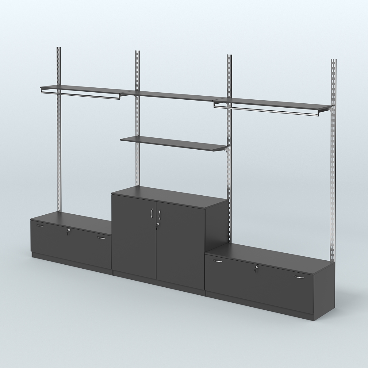 Система ГЛОБАЛ со сборными поручнями, полками из ДСП и тумбами Т11 и Т23 №1 (3600 мм) Черный