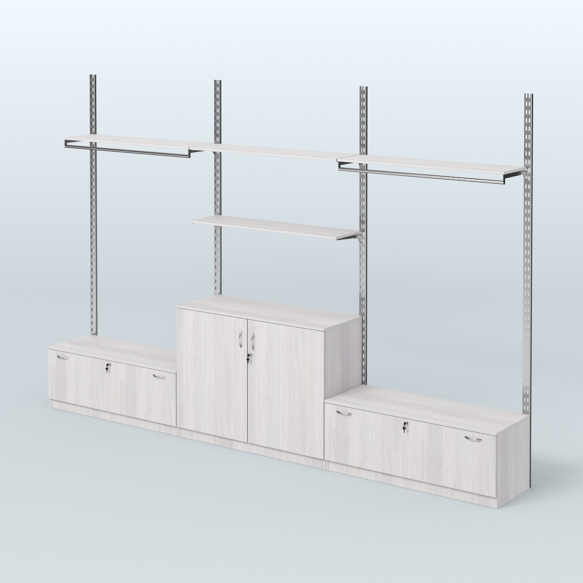 Система ГЛОБАЛ со сборными поручнями, полками из ДСП и тумбами Т11 и Т23 №1 (3600 мм) Ясень Анкор светлый