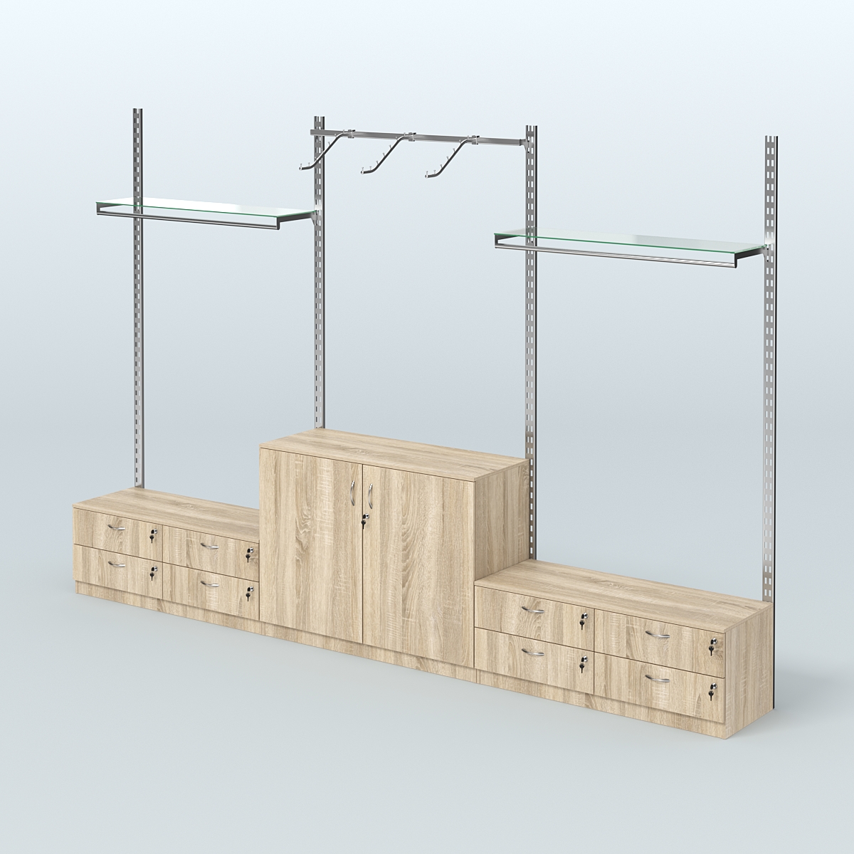 Система ГЛОБАЛ с пристенным и сборными поручнями, прозрачными полками и тумбами Т14 и Т23 №2 (3600 мм) Дуб Сонома