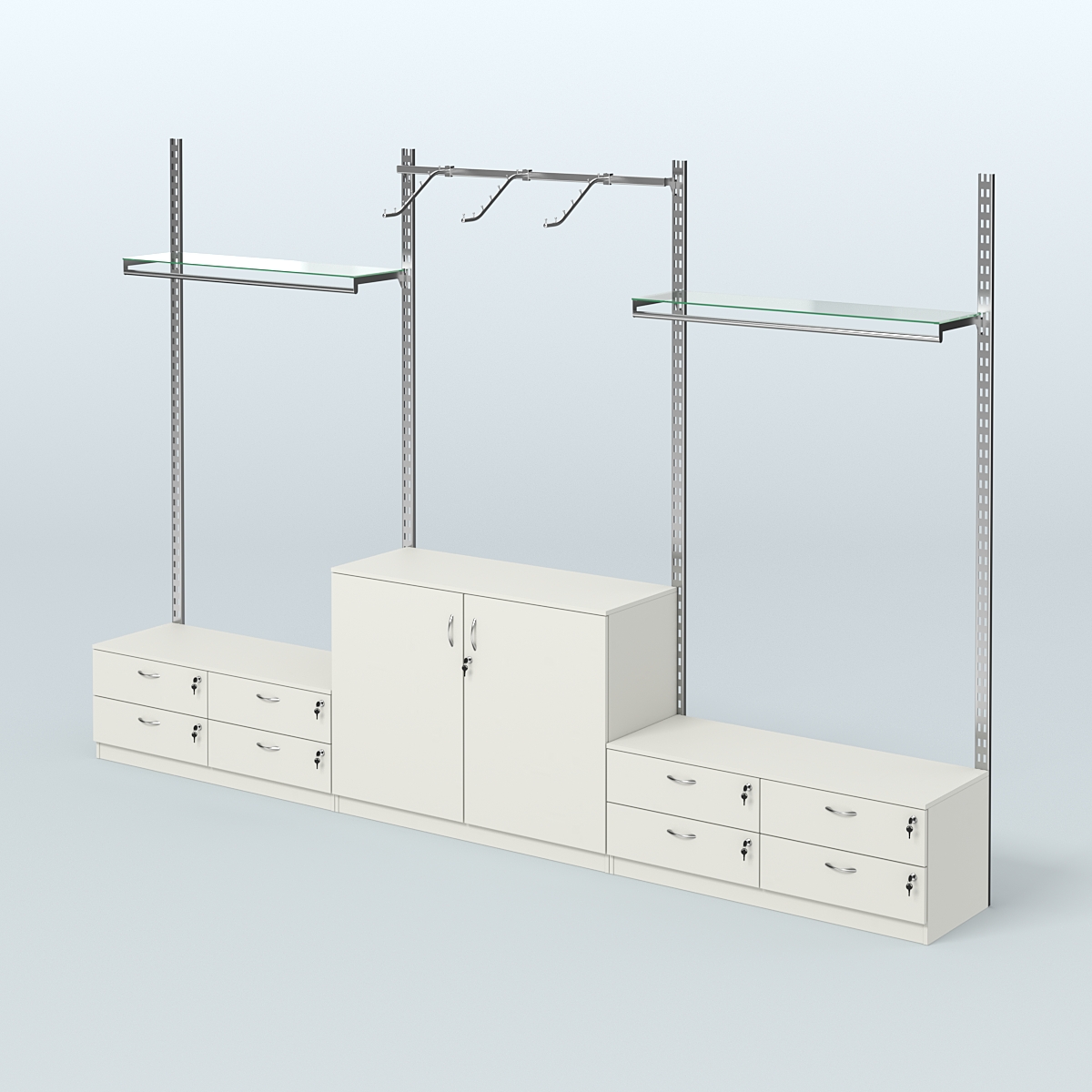 Система ГЛОБАЛ с пристенным и сборными поручнями, прозрачными полками и тумбами Т14 и Т23 №2 (3600 мм) Белый
