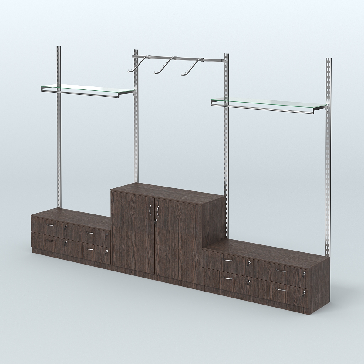 Система ГЛОБАЛ с пристенным и сборными поручнями, прозрачными полками и тумбами Т14 и Т23 №2 (3600 мм) Дуб Венге
