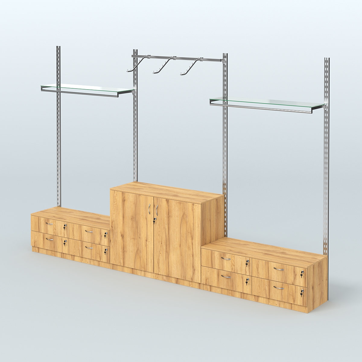 Система ГЛОБАЛ с пристенным и сборными поручнями, прозрачными полками и тумбами Т14 и Т23 №2 (3600 мм) Дуб Золотистый