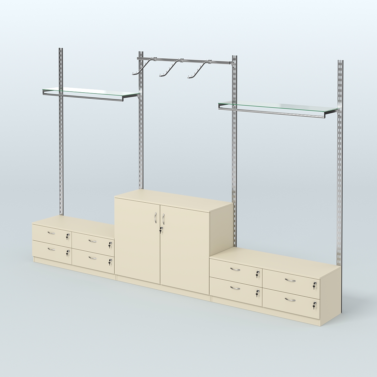 Система ГЛОБАЛ с пристенным и сборными поручнями, прозрачными полками и тумбами Т14 и Т23 №2 (3600 мм) Крем Вайс