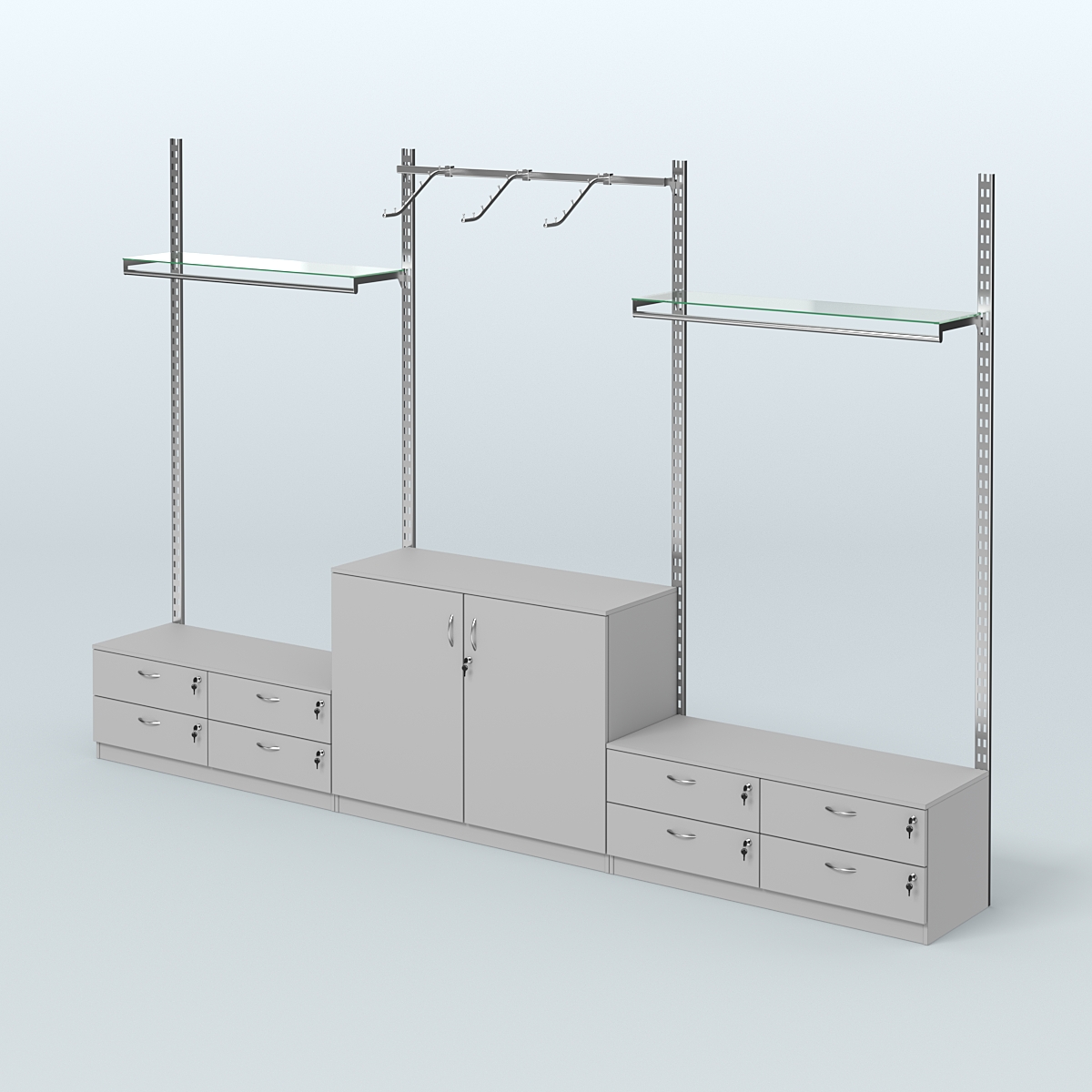 Система ГЛОБАЛ с пристенным и сборными поручнями, прозрачными полками и тумбами Т14 и Т23 №2 (3600 мм) Серый