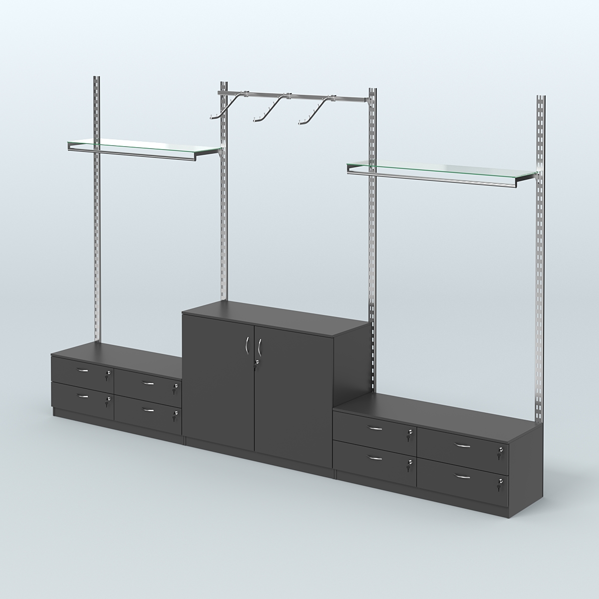 Система ГЛОБАЛ с пристенным и сборными поручнями, прозрачными полками и тумбами Т14 и Т23 №2 (3600 мм) Черный
