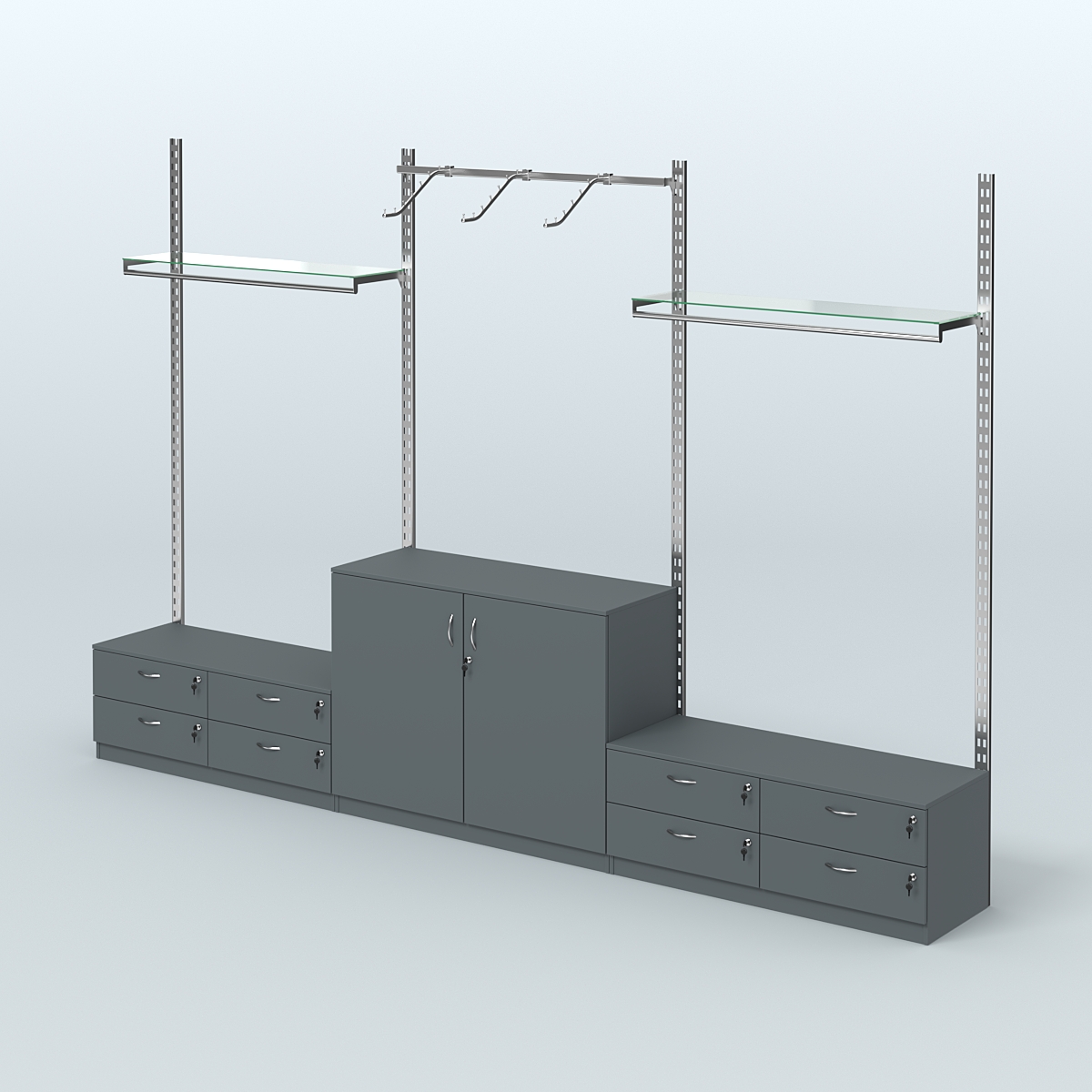 Система ГЛОБАЛ с пристенным и сборными поручнями, прозрачными полками и тумбами Т14 и Т23 №2 (3600 мм) Темно-Серый