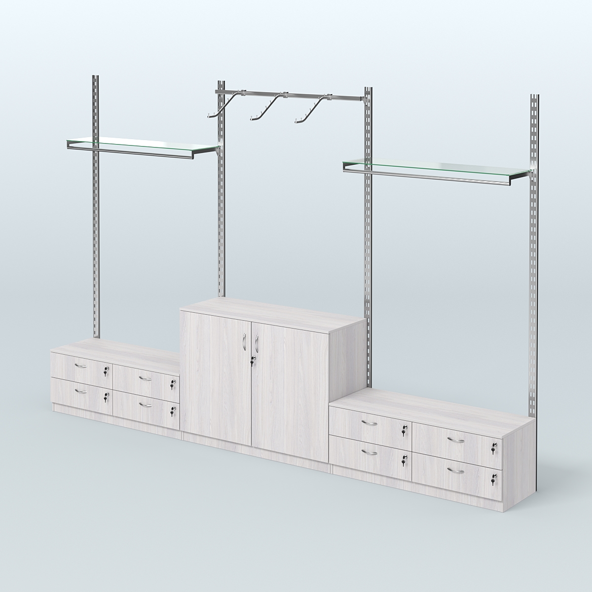 Система ГЛОБАЛ с пристенным и сборными поручнями, прозрачными полками и тумбами Т14 и Т23 №2 (3600 мм) Ясень Анкор светлый
