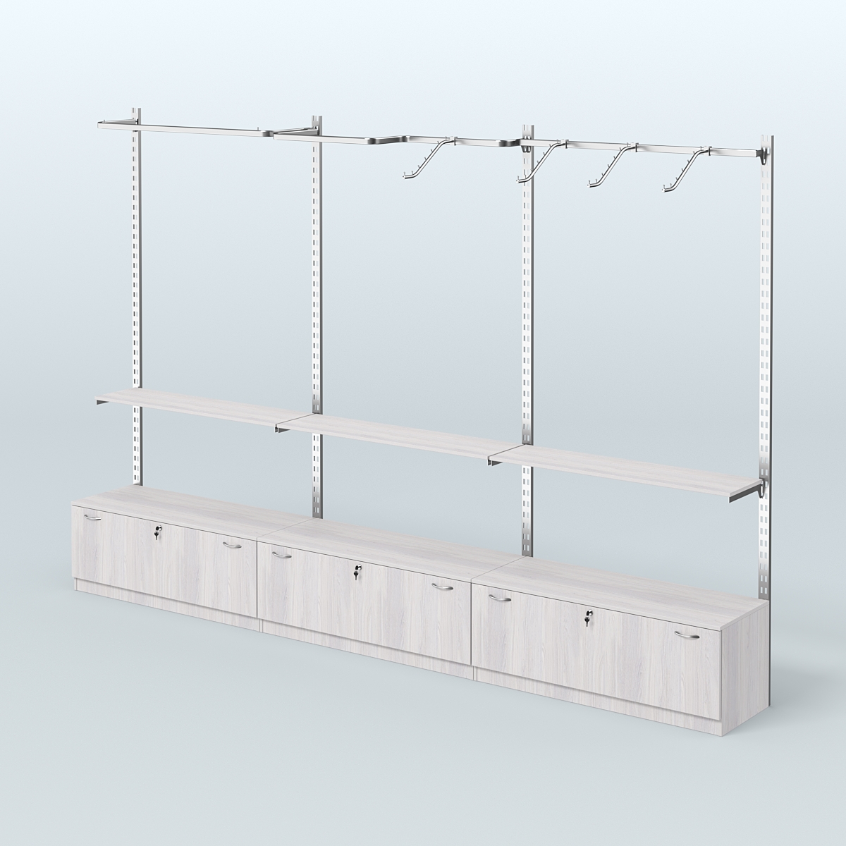 Система ГЛОБАЛ с разными видами поручней и полками с тумбами Т11 №3 (3600 мм) Ясень Анкор светлый