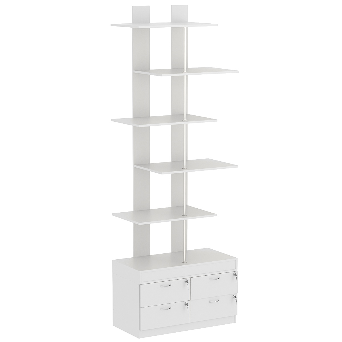 Стеллаж серии КУБ №5 с четырьмя полками и узкими ящиками Серый