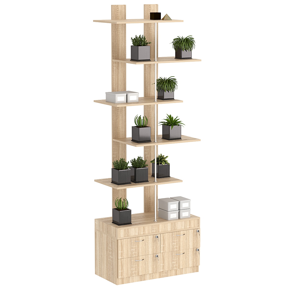 Стеллаж серии КУБ №5 с четырьмя полками и узкими ящиками Дуб сонома