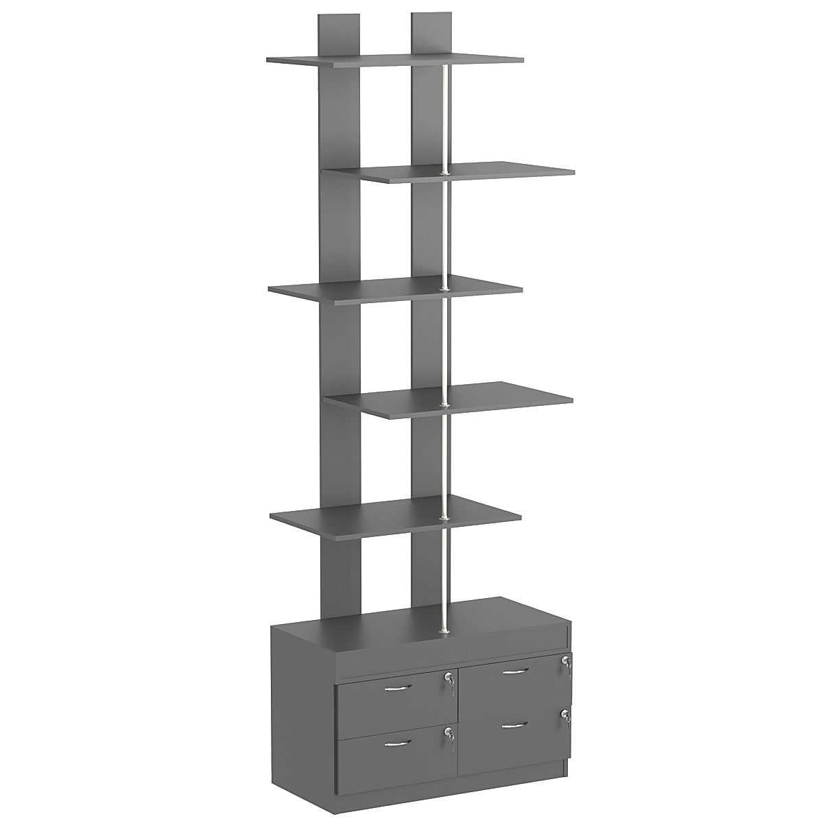 Стеллаж серии КУБ №5 с четырьмя полками и узкими ящиками Темно-Серый