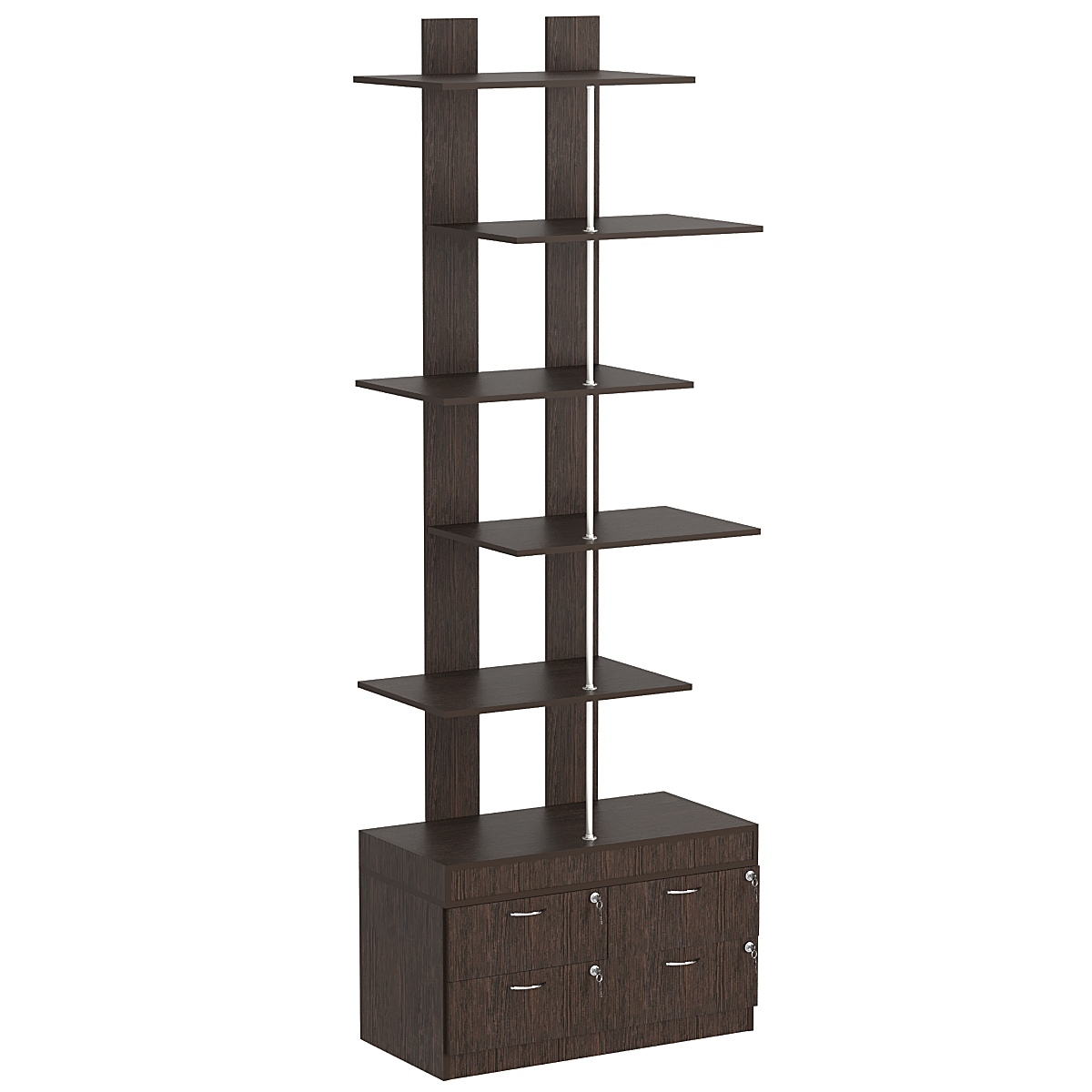 Стеллаж серии КУБ №5 с четырьмя полками и узкими ящиками Дуб Венге