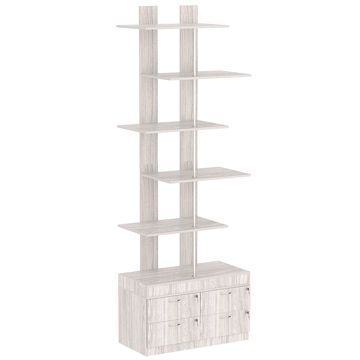 Стеллаж серии КУБ №5 с четырьмя полками и узкими ящиками Ясень Анкор светлый - U31104