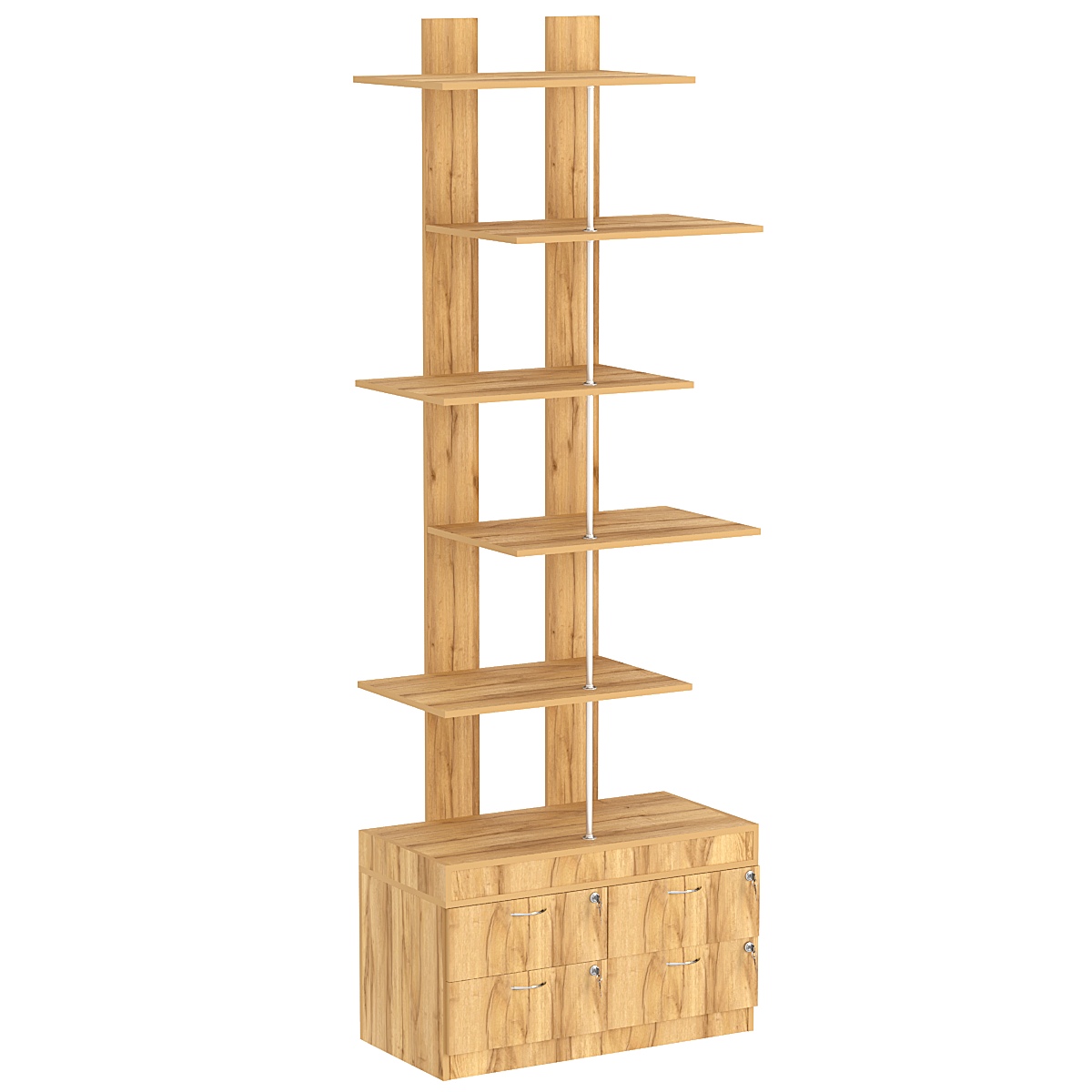 Стеллаж серии КУБ №5 с четырьмя полками и узкими ящиками Дуб Золотистый