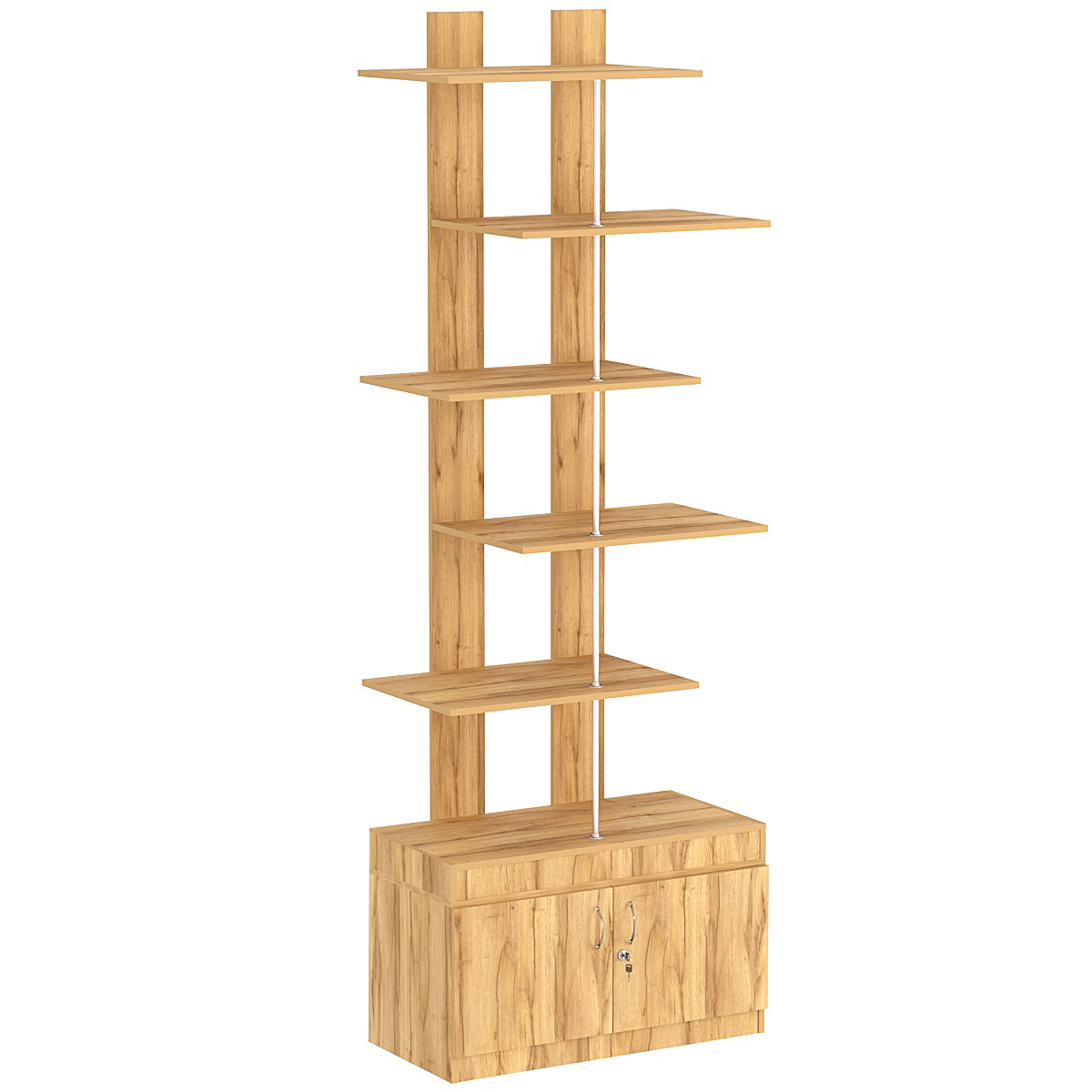 Стеллаж серии КУБ №5 с четырьмя полками и распашными дверками в накопителе Дуб Золотистый