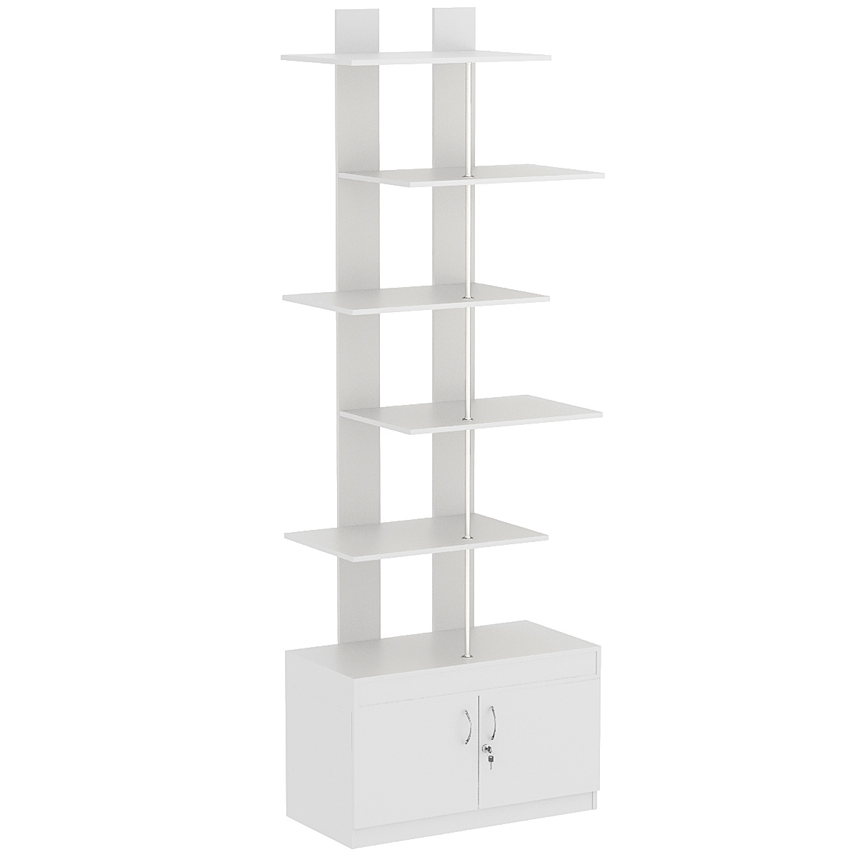 Стеллаж серии КУБ №5 с четырьмя полками и распашными дверками в накопителе Серый