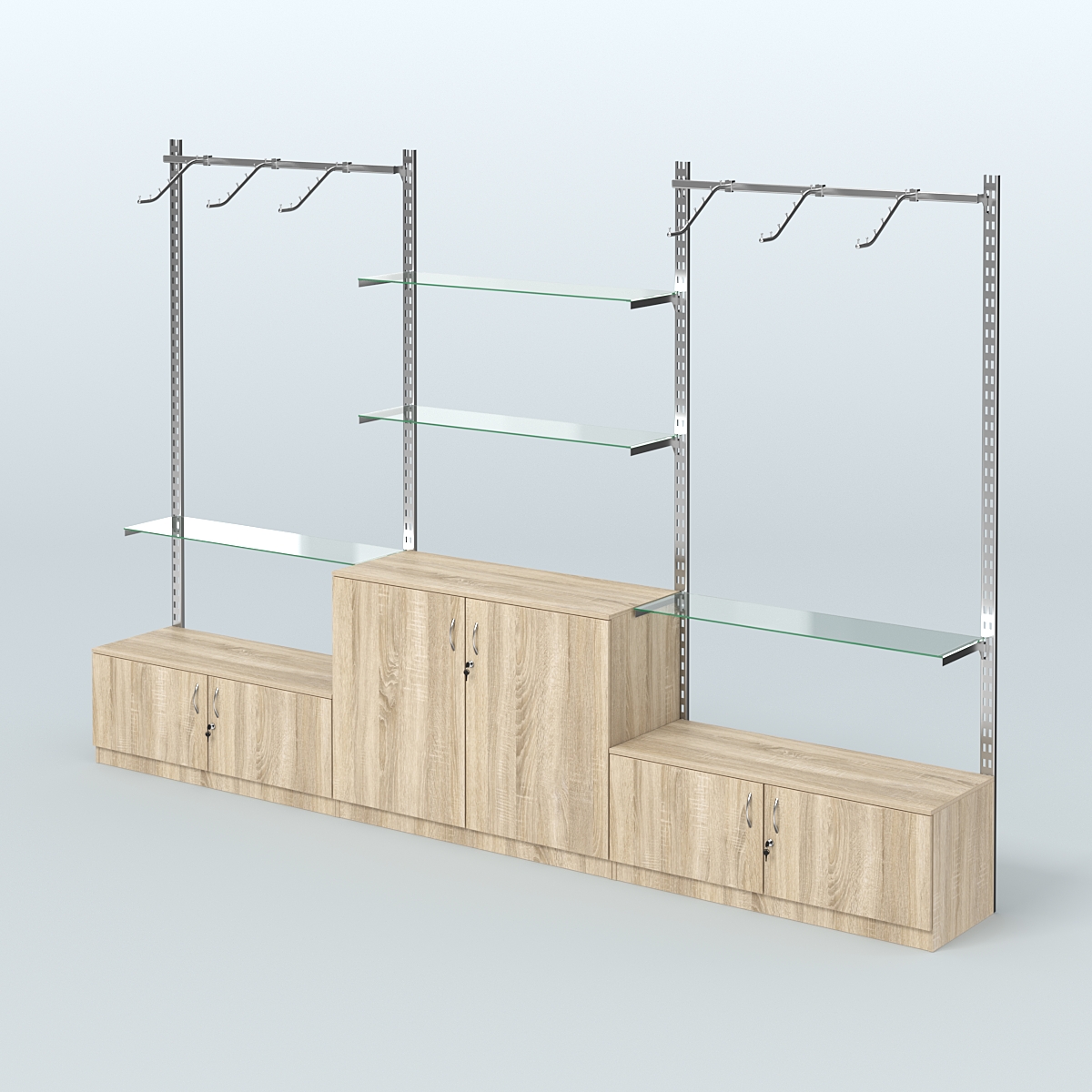 Система ГЛОБАЛ трех-секционная с поручнями, прозрачными полками и тумбами Т21 и Т23 №4 (3600 мм) Дуб Сонома
