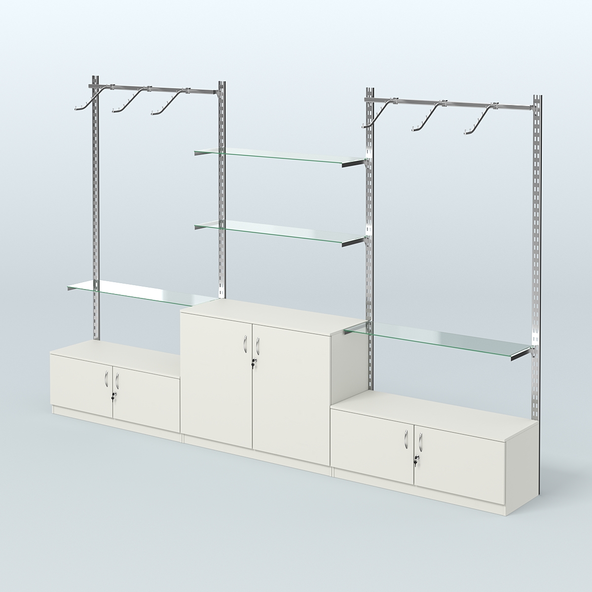 Система ГЛОБАЛ трех-секционная с поручнями, прозрачными полками и тумбами Т21 и Т23 №4 (3600 мм) Белый